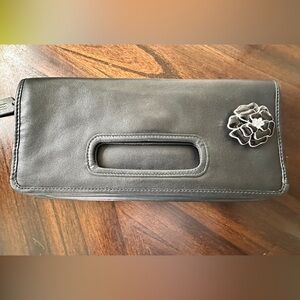 Coach Black Smooth Leather Foldover Clutch Zipper Outer Pocket #F48406